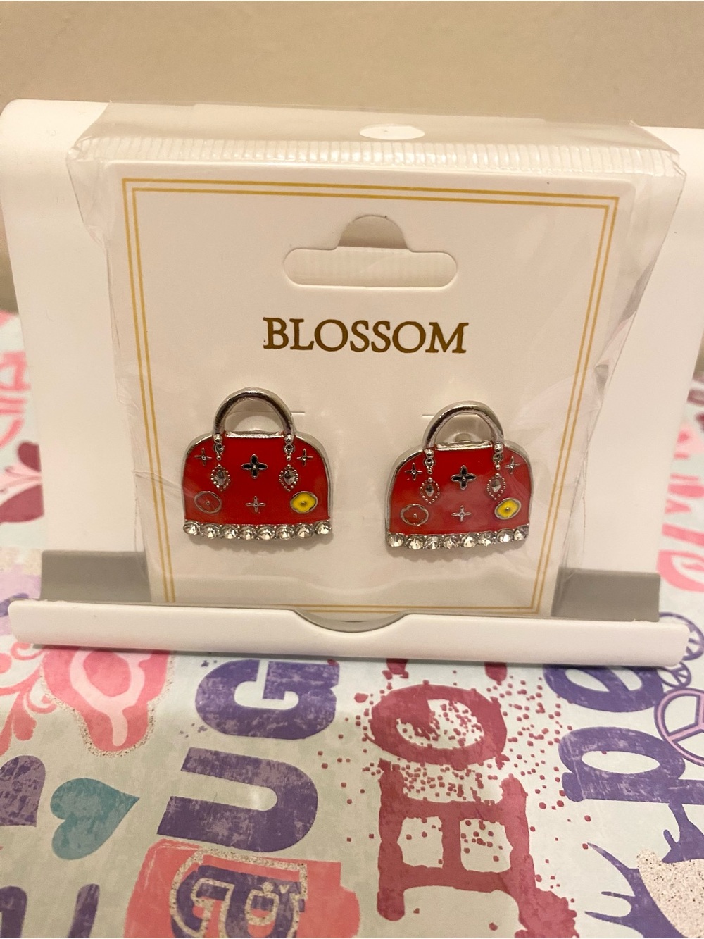 Blossom Red Handbag Stud Earrings with Rhinestones
